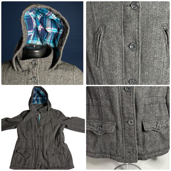 Women’s Aeropostale Wool Blend Coat Medium Gray Herringbone Hooded Jacket - Picture 11 of 13